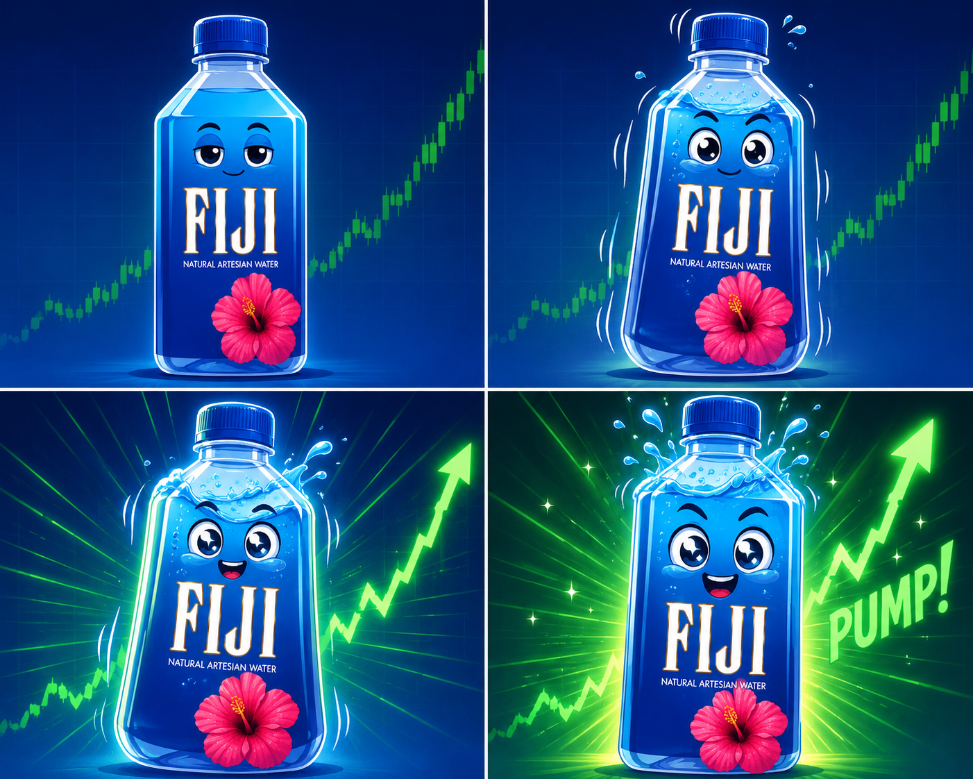$FIJI bottle mascot reacting as the chart pumps